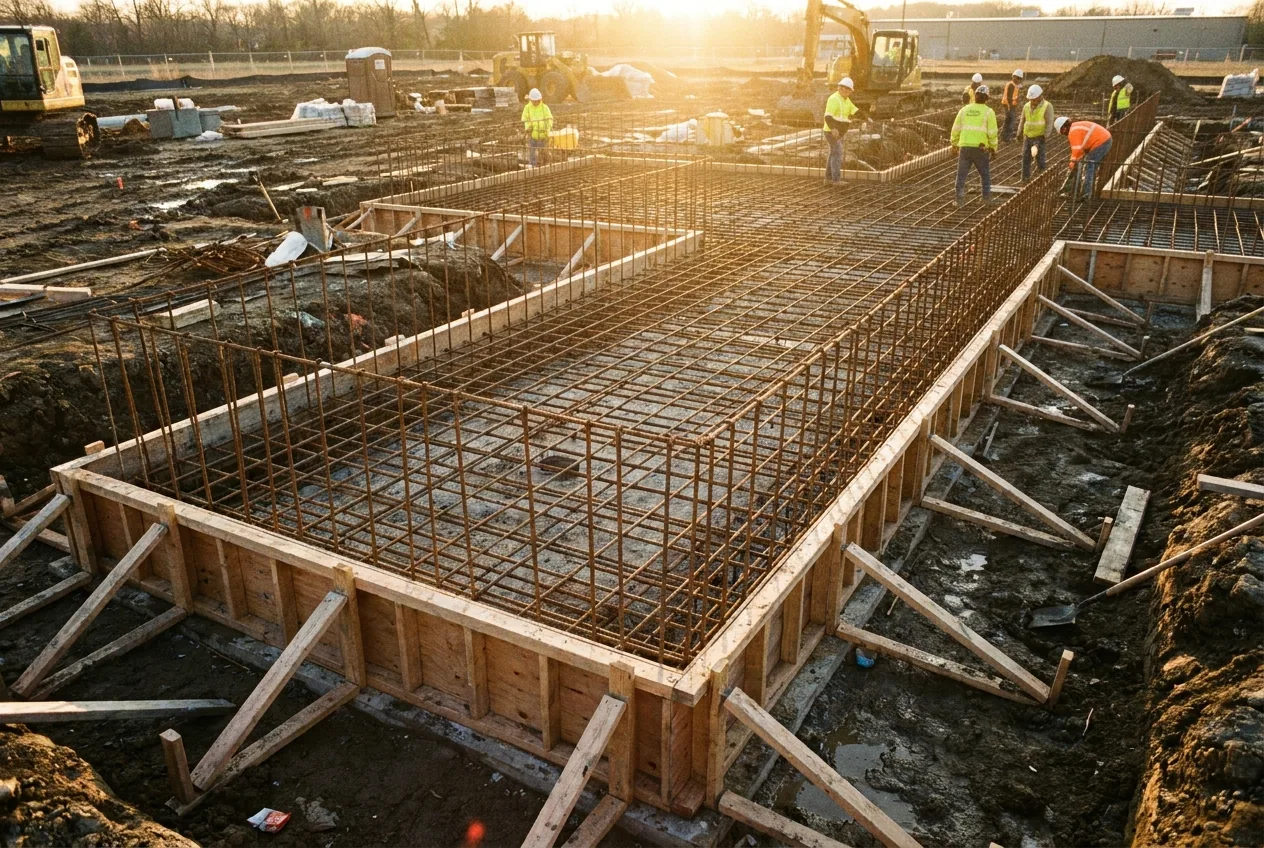 Concrete foundation formwork and rebar