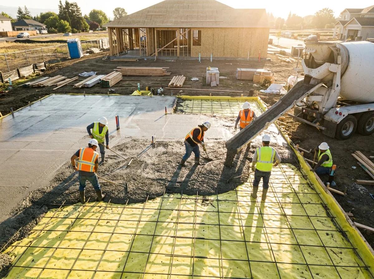 Slab-on-grade concrete foundation pour in Tuscaloosa, AL