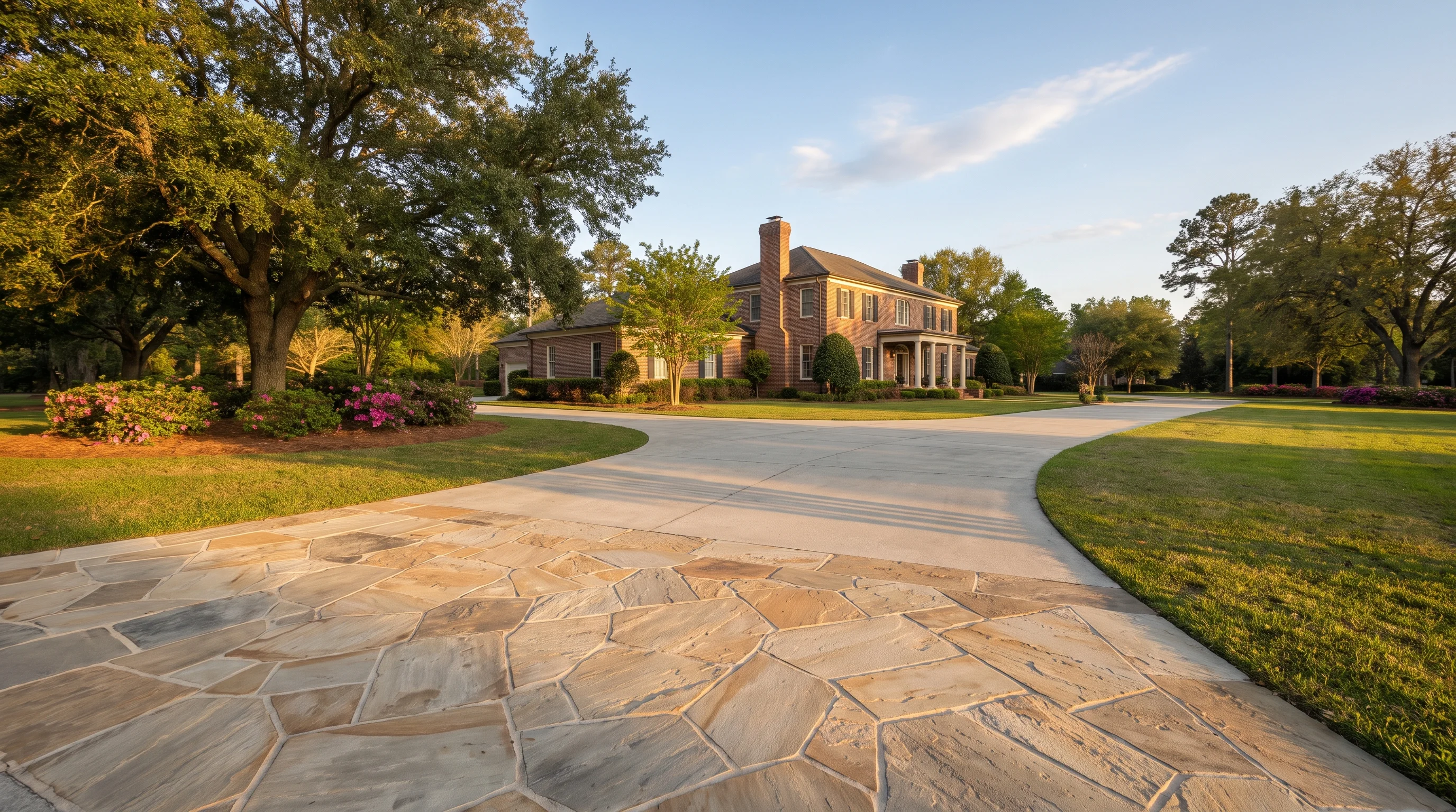 Natural stone patio and driveway apron installation