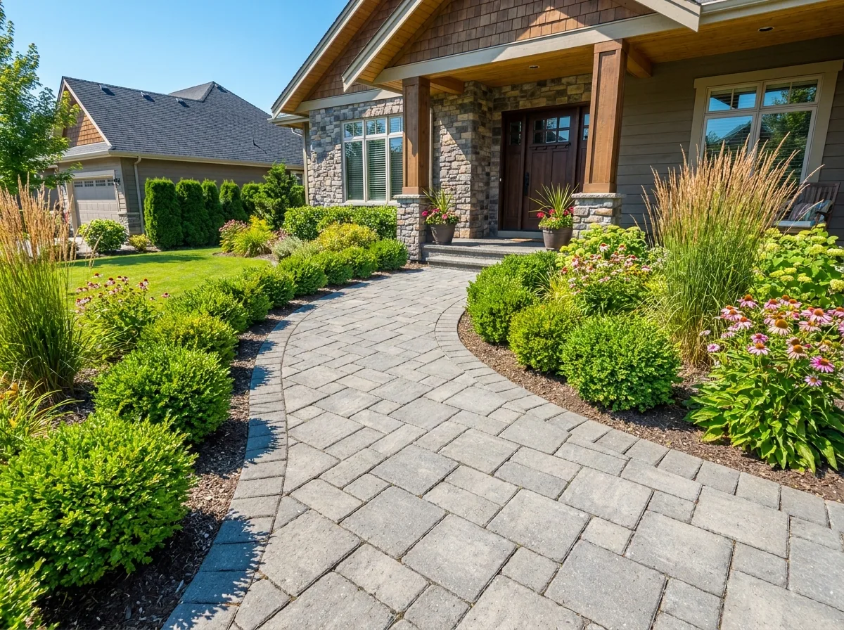 Concrete paver walkway leading to a home entrance