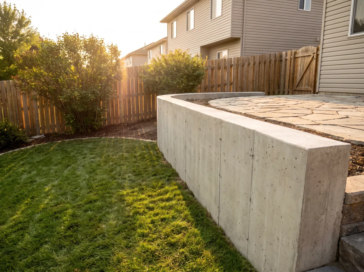 Poured concrete structural wall in a residential backyard
